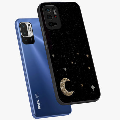 Twinkle Star With Half Moon Glass Case displayed in angled mockup highlighting celestial moon and star design with magical aesthetic.