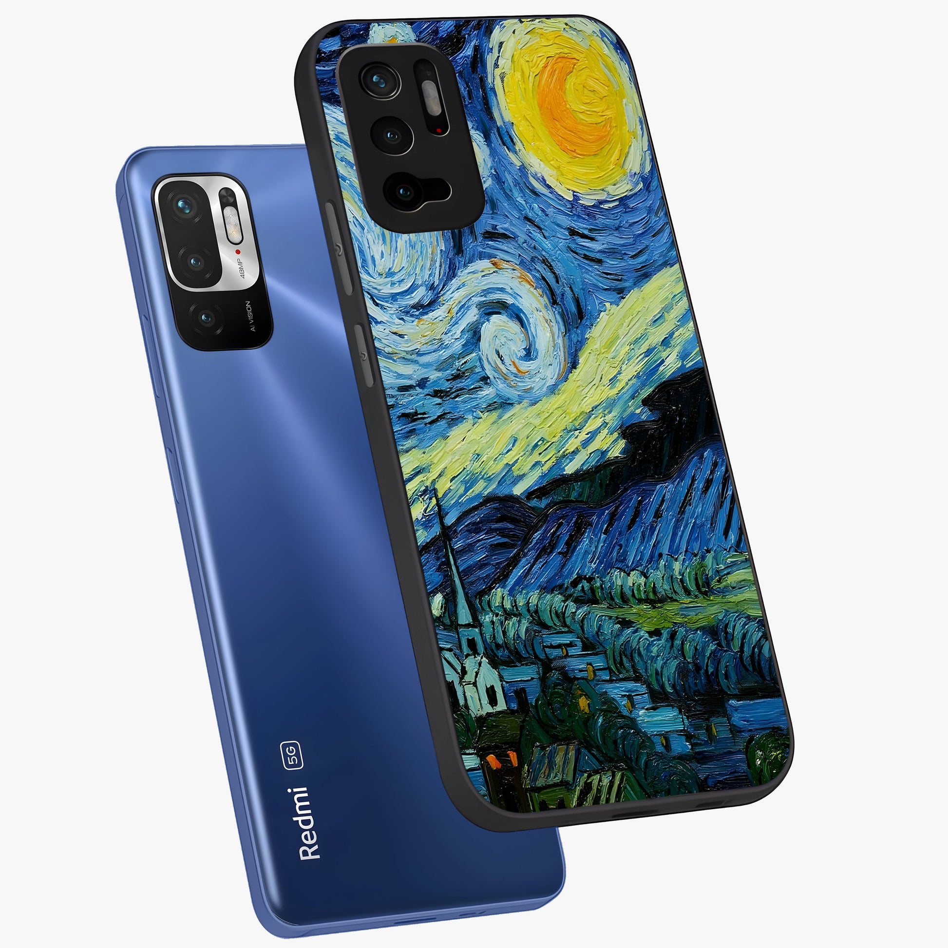 Van Gogh Art Glass Case displayed in angled mockup highlighting swirling brushstroke design with artistic aesthetic.