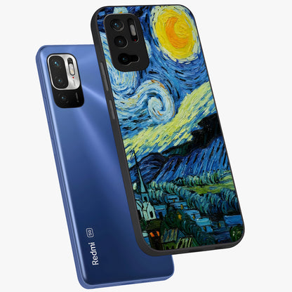 Van Gogh Art Glass Case displayed in angled mockup highlighting swirling brushstroke design with artistic aesthetic.