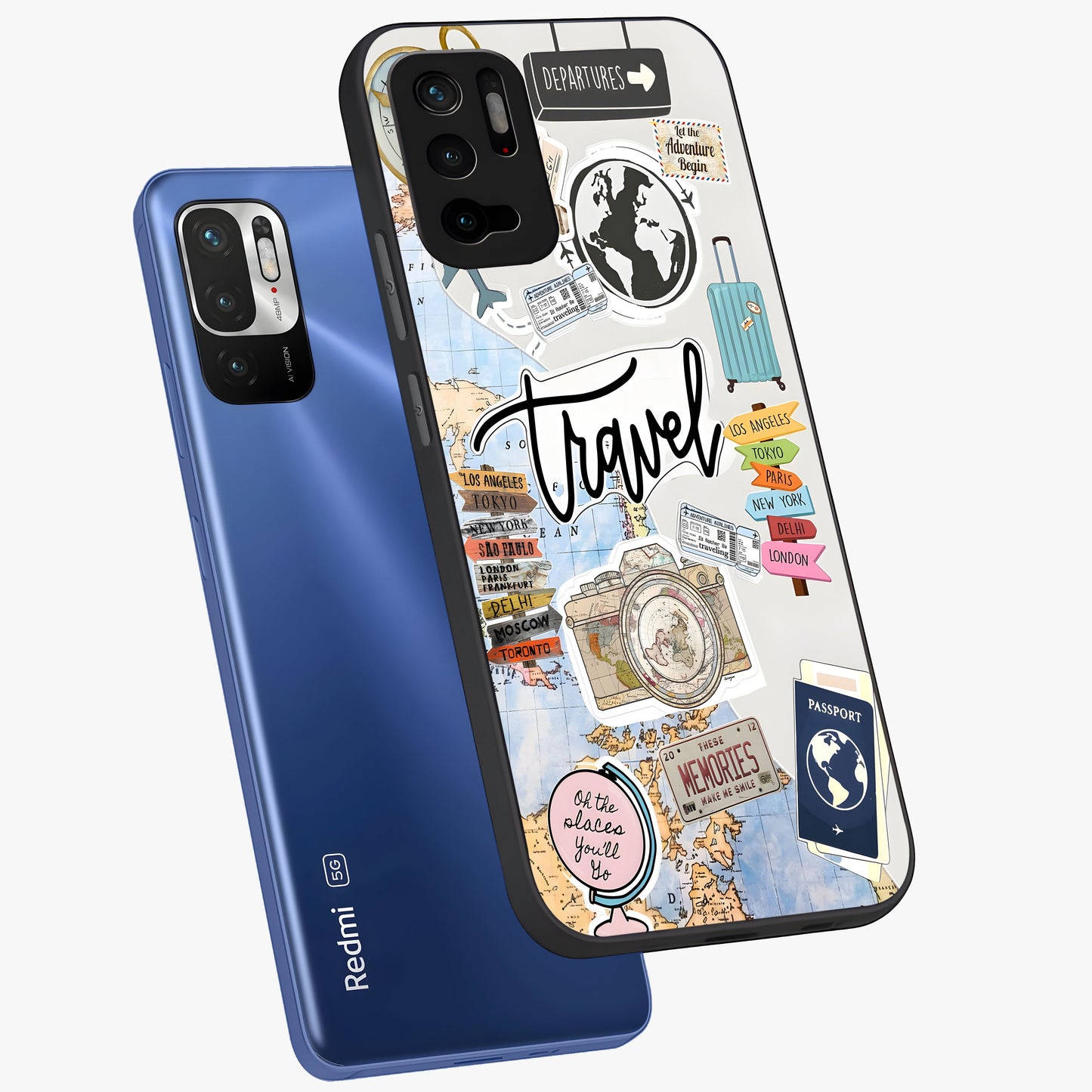 Wanderlust Journal Glass Case displayed in angled mockup highlighting adventure themed design with aesthetic travel vibe.