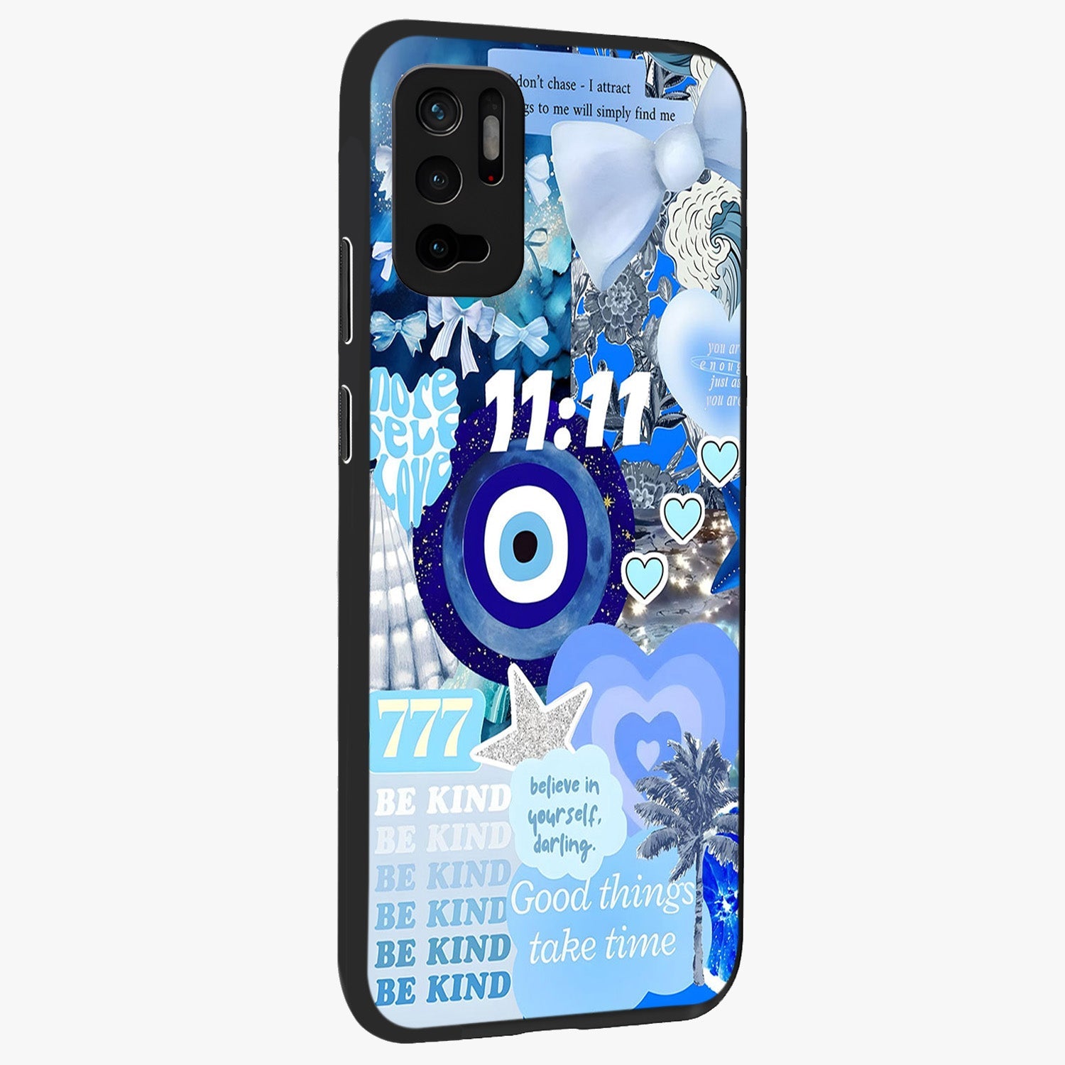 Aesthetic Be Kind Eye Glass Case upright view showcasing stylish eye illustration with positive message theme.