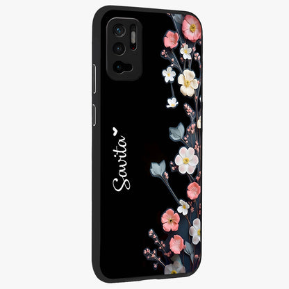Black Elegance Floral Custom Name Glass Case upright view showcasing luxurious black floral design with personalized name detail.