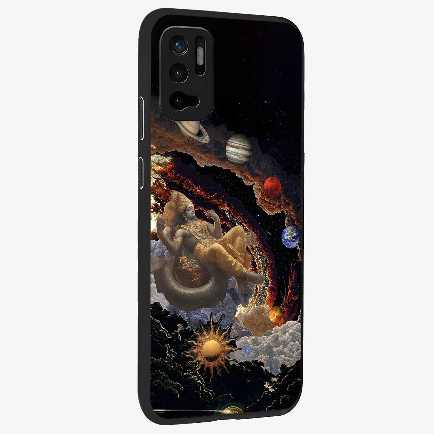 Galactic Divine God Glass Case upright view showcasing mystical divine artwork with dramatic cosmic theme.