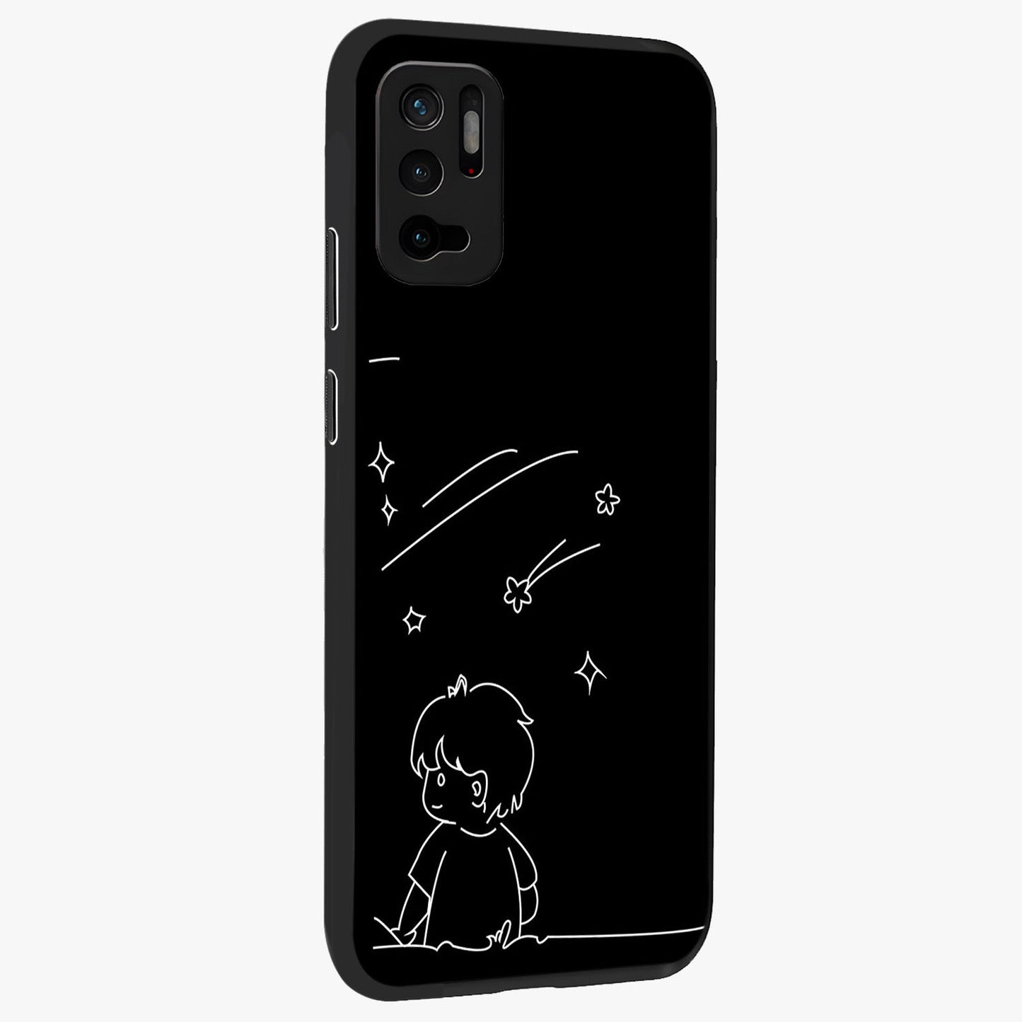 Line Art Boy With Shooting Stars Glass Case upright view showcasing artistic shooting star illustration with minimal style.