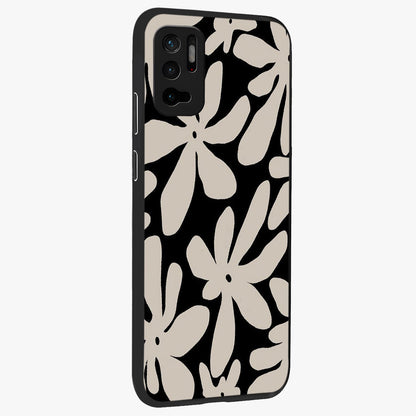 Monochrome Petal Dance Glass Case upright view showcasing artistic floral pattern with stylish monochrome theme.
