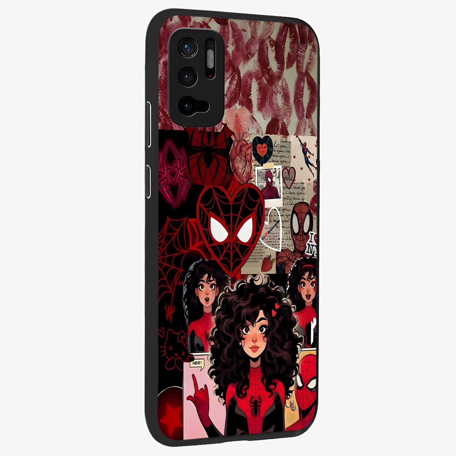 Spider Love Story Glass Case upright view showcasing charming superhero artwork with romantic comic theme.