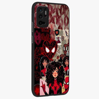 Spider Love Story Glass Case upright view showcasing charming superhero artwork with romantic comic theme.