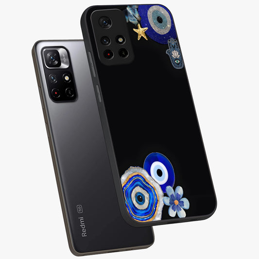 Aesthetic Blue Evil Eye Glass Case showing flat back view with protective evil eye artwork and glossy glass finish.