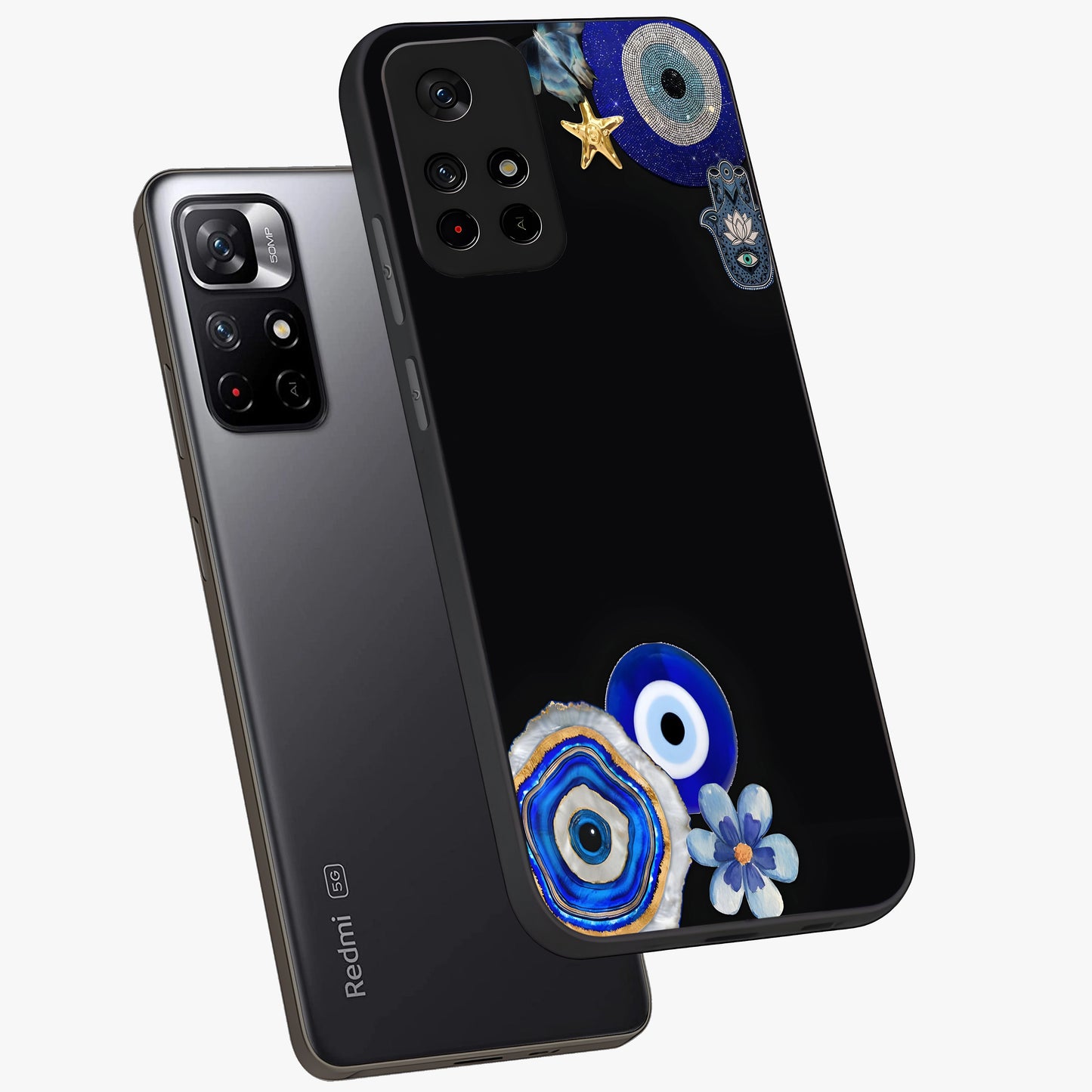 Aesthetic Blue Evil Eye Glass Case displayed in angled mockup highlighting blue evil eye symbol and spiritual aesthetic design.
