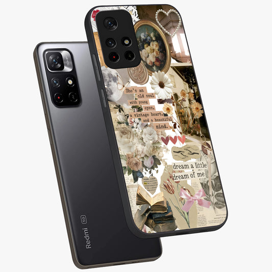 Aesthetic Brown Vintage Collage Glass Case showing flat back view with retro collage artwork and glossy glass finish.