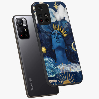 Aesthetic Lord Shiva Glass Case displayed in angled mockup highlighting spiritual Shiva illustration and sacred aesthetic design.