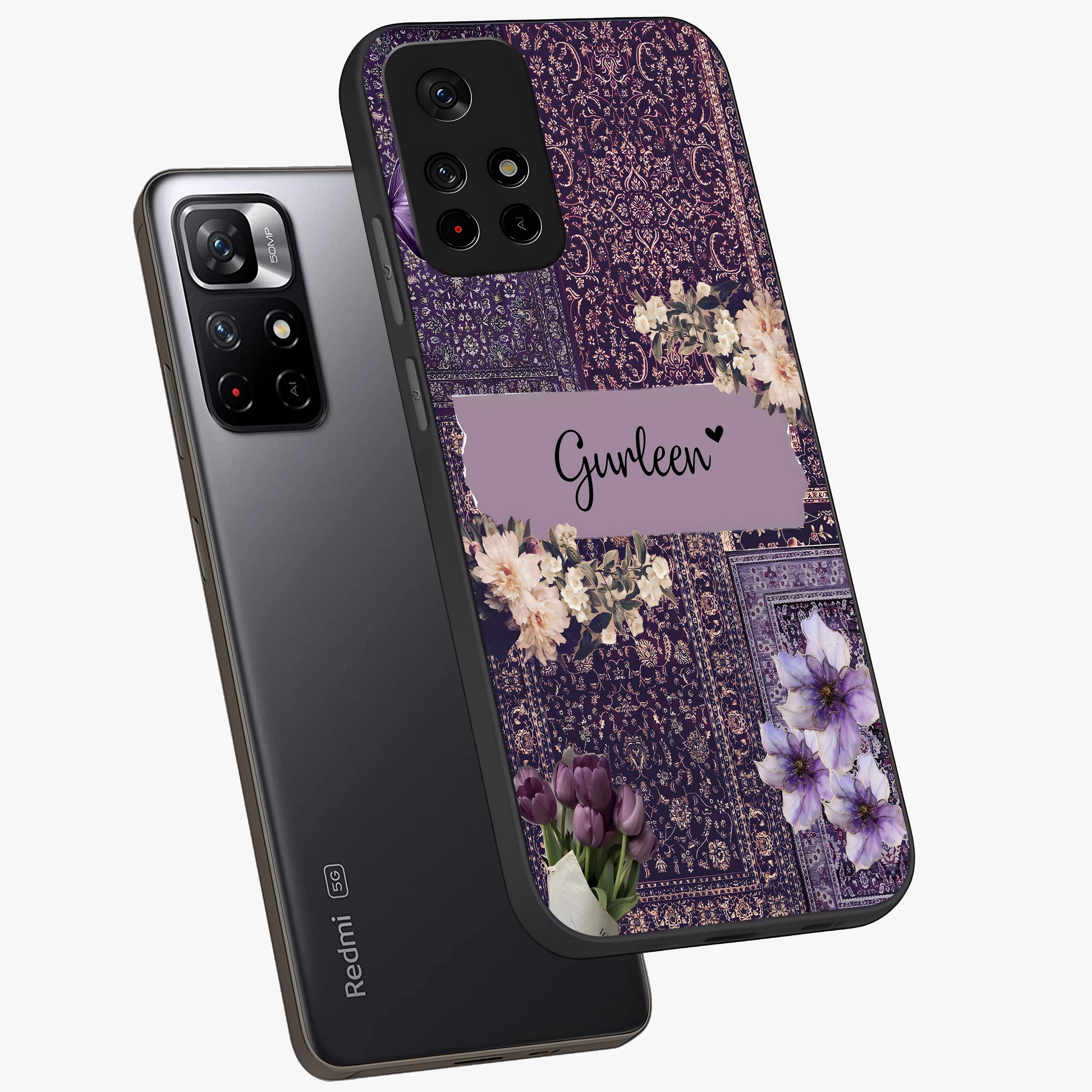 Antique Floral Whisper Custom Name Glass Case displayed in angled mockup highlighting elegant antique floral aesthetic.