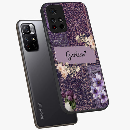 Antique Floral Whisper Custom Name Glass Case displayed in angled mockup highlighting elegant antique floral aesthetic.