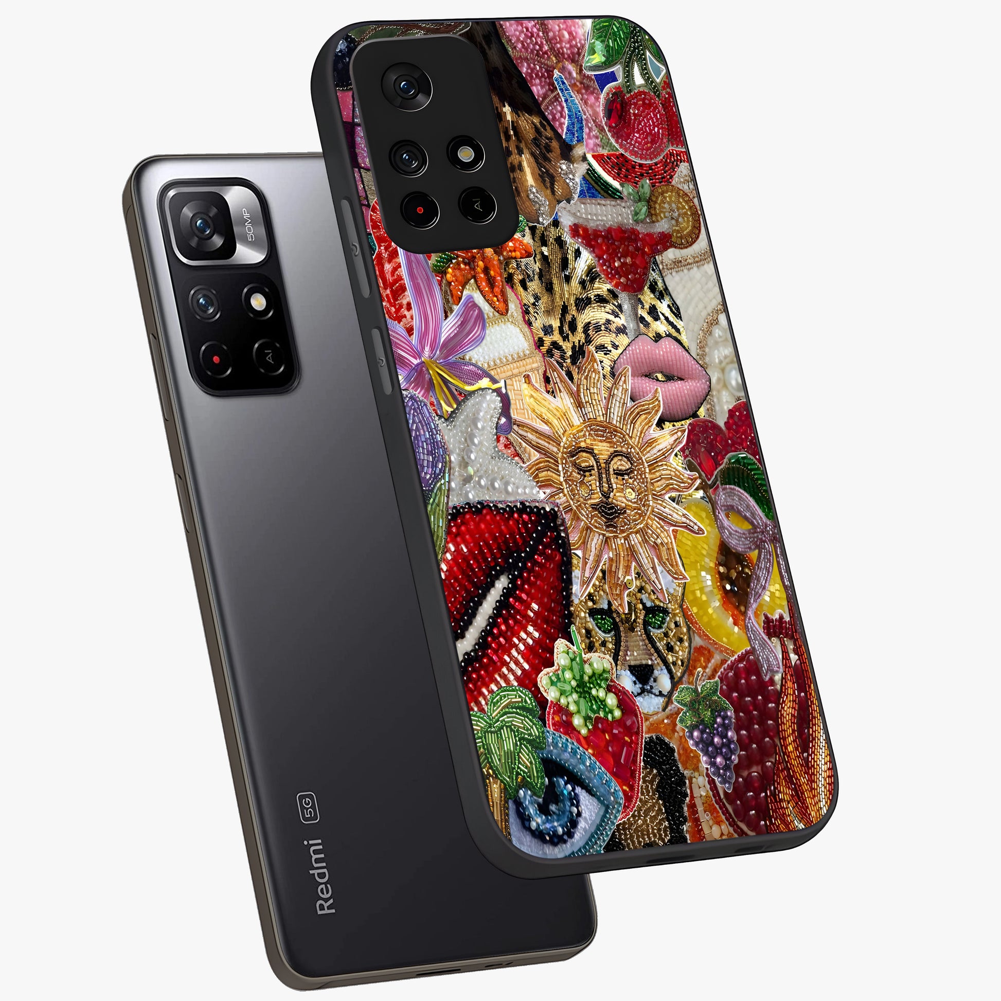 Beaded Fashion Jungle Glass Case showing flat back view with vibrant jungle inspired bead artwork and glossy glass finish.