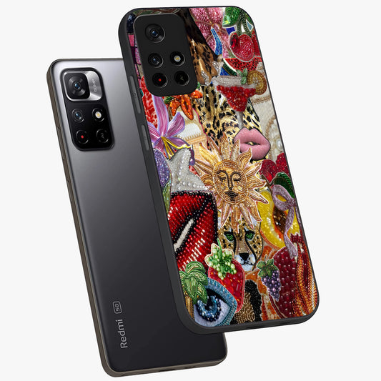 Beaded Fashion Jungle Glass Case showing flat back view with vibrant jungle inspired bead artwork and glossy glass finish.