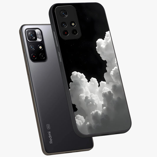Black Background With White Cloud Glass Case showing flat back view with minimal cloud artwork on dark background and glossy glass finish.