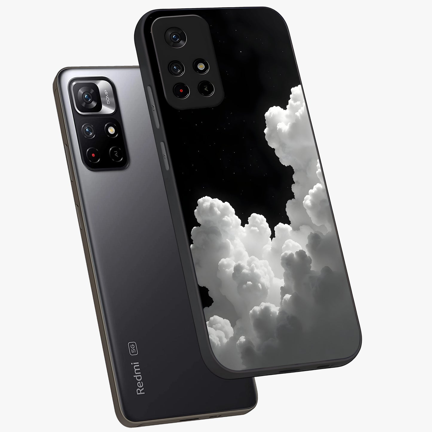 Black Background With White Cloud Glass Case displayed in angled mockup highlighting soft white cloud illustration and minimal design.