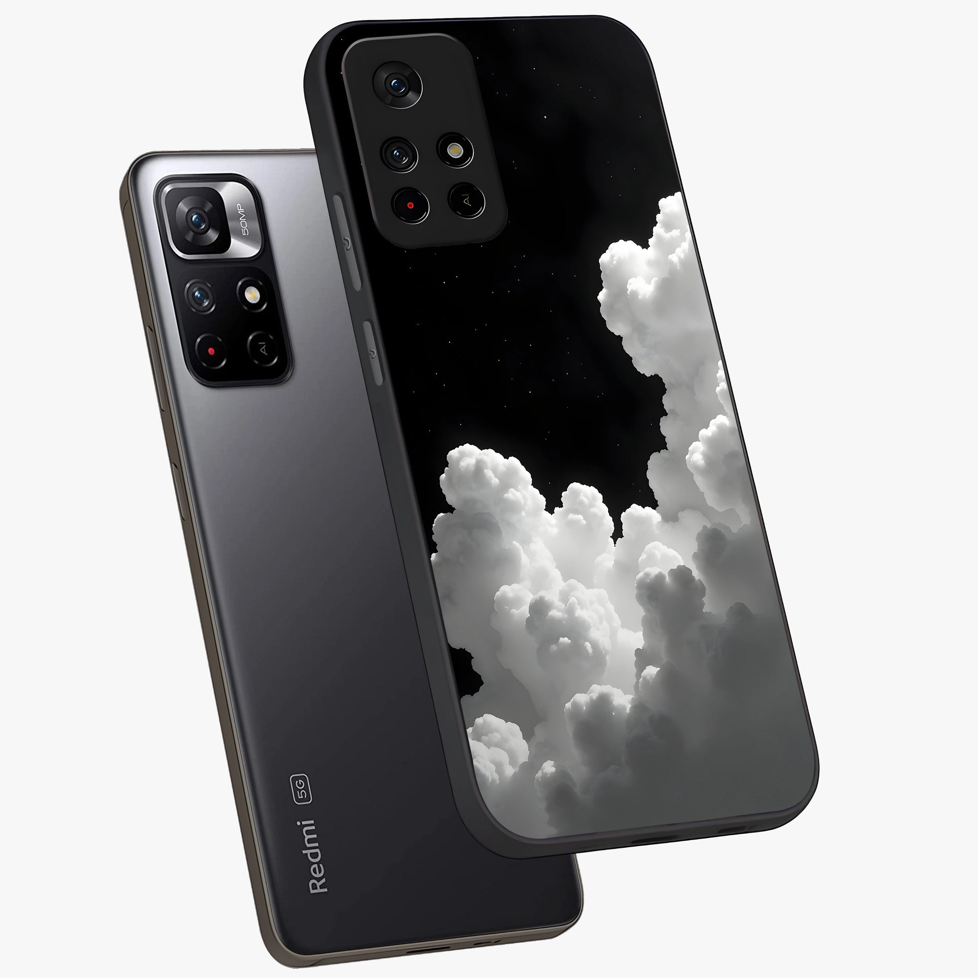Black Background With White Cloud Glass Case displayed in angled mockup highlighting soft white cloud illustration and minimal design.