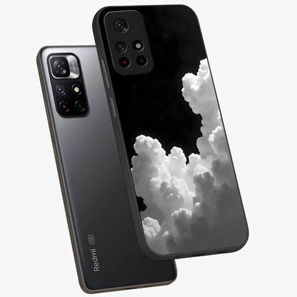 Black Background With White Cloud Glass Case displayed in angled mockup highlighting soft white cloud illustration and minimal design.