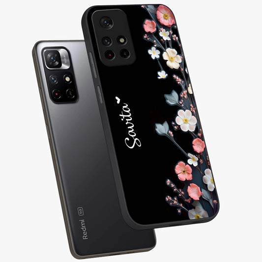 Black Elegance Floral Custom Name Glass Case showing flat back view with elegant floral artwork and personalized name design.