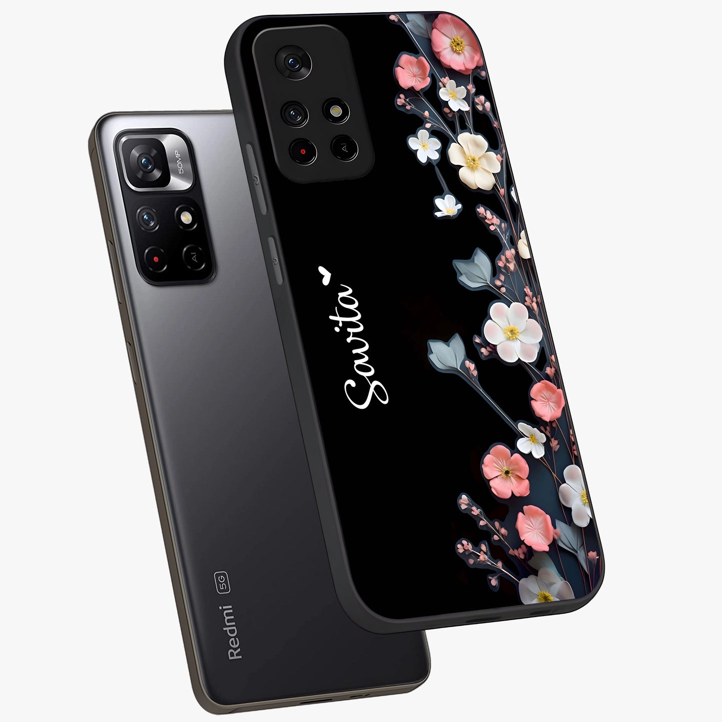 Black Elegance Floral Custom Name Glass Case displayed in angled mockup highlighting dark floral aesthetic and custom name feature.