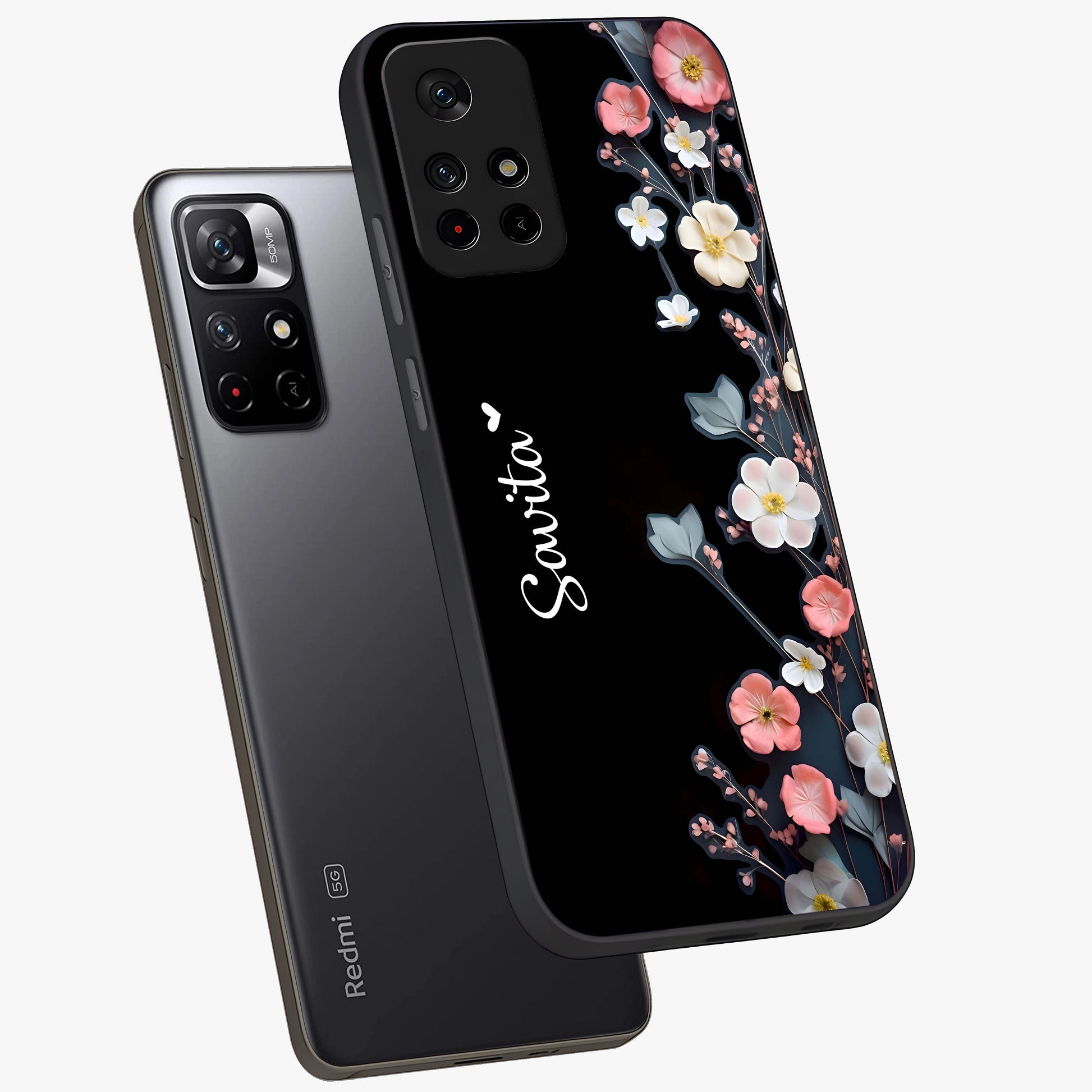 Black Elegance Floral Custom Name Glass Case displayed in angled mockup highlighting dark floral aesthetic and custom name feature.