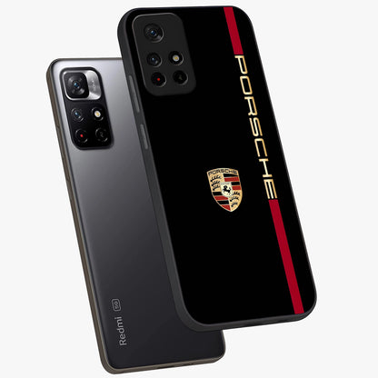 Black Minimal Porsche Glass Case showing flat back view with sleek minimal sports car artwork and glossy glass finish.