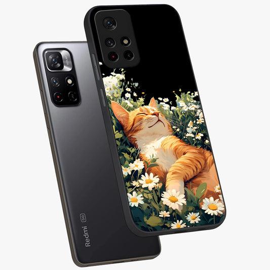Blissful Bloom Cat Glass Case showing flat back view with cute cat and floral bloom artwork and glossy glass finish.