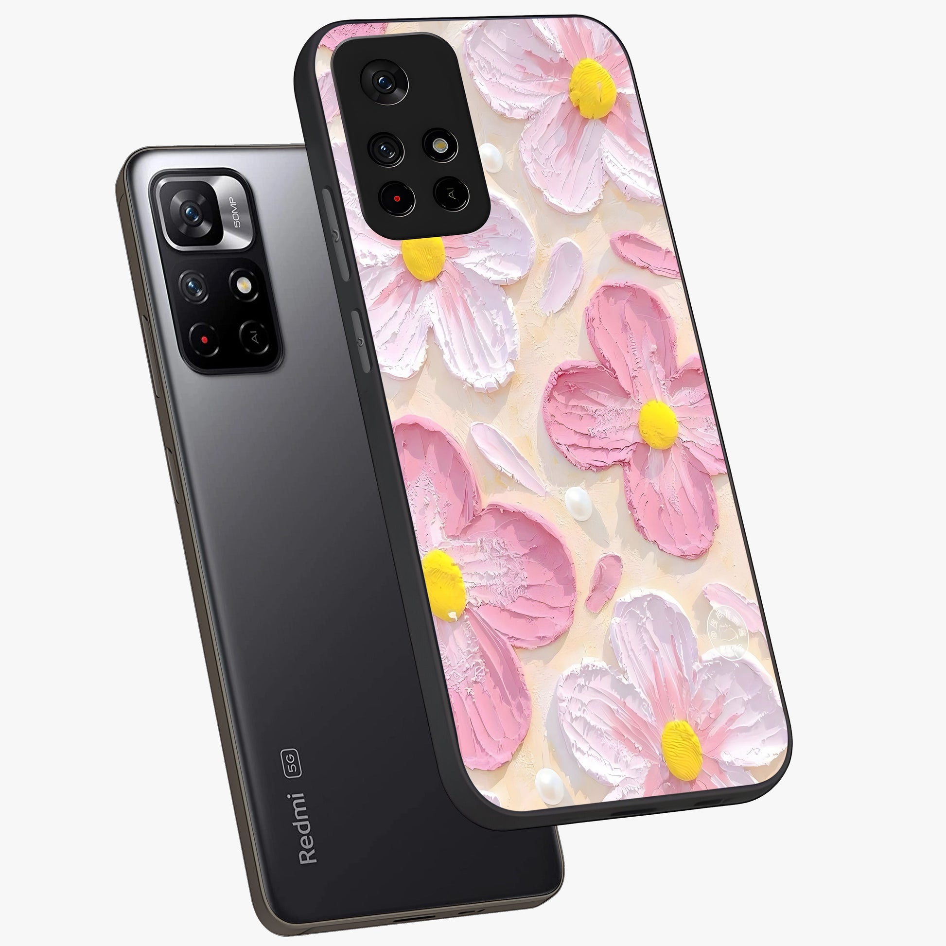 Blush Bloom Texture Glass Case displayed in angled mockup highlighting subtle bloom pattern with aesthetic pastel design.