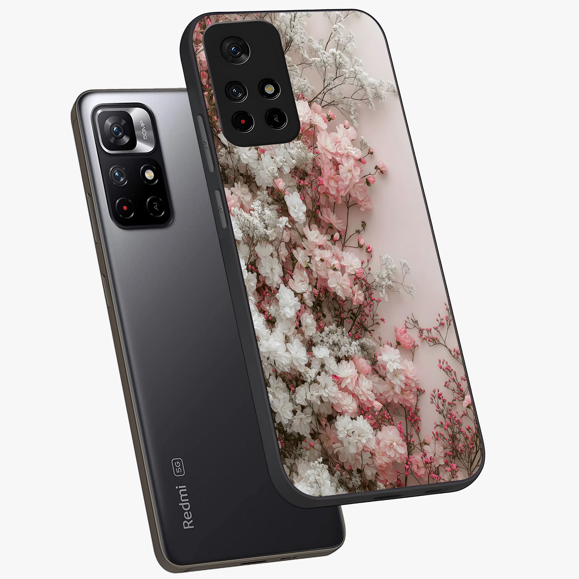 Blush Blossom Cloud Glass Case showing flat back view with dreamy blush cloud blossom artwork and glossy glass finish.