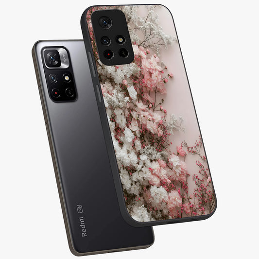 Blush Blossom Cloud Glass Case showing flat back view with dreamy blush cloud blossom artwork and glossy glass finish.