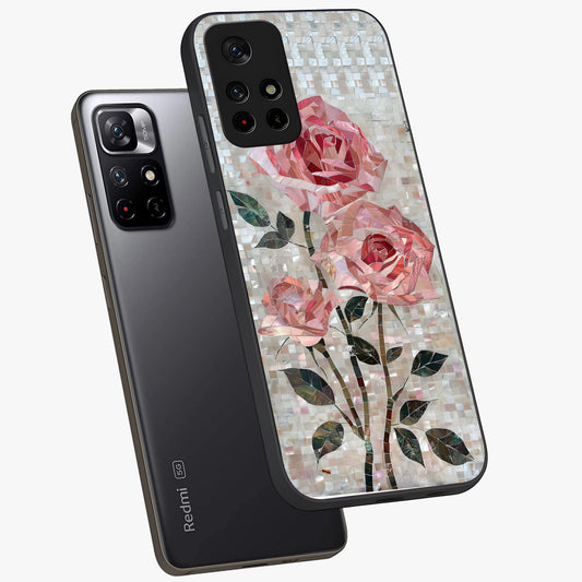 Blush Mosaic Bloom Glass Case showing flat back view with mosaic floral bloom artwork and glossy glass finish.