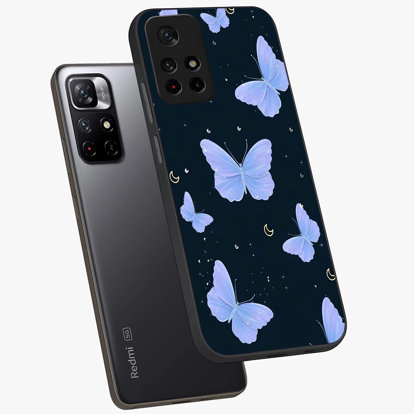 Butterfly With Stars Pattern Glass Case displayed in angled mockup highlighting dreamy butterfly and star design with aesthetic theme.