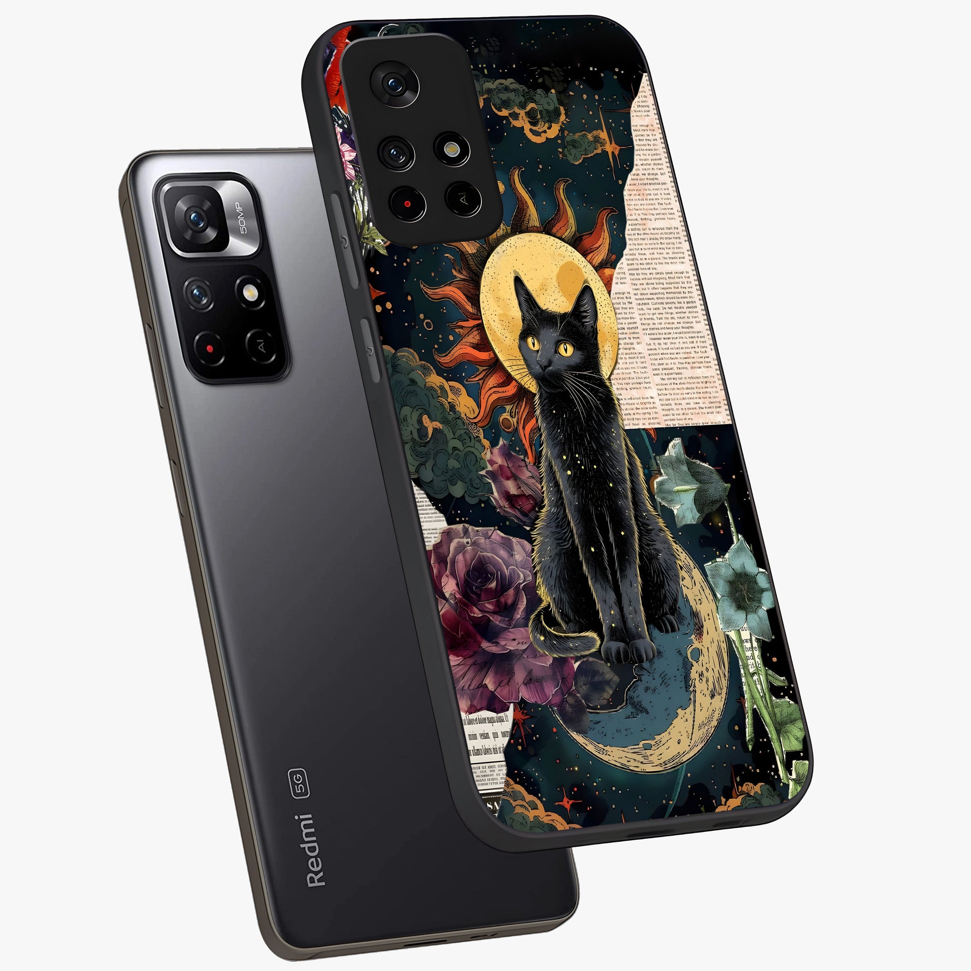 Celestial Black Cat Glass Case showing flat back view with mystical black cat artwork and glossy glass finish.