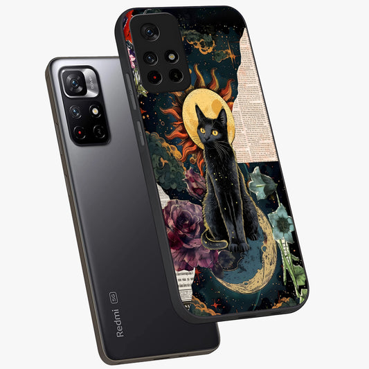 Celestial Black Cat Glass Case showing flat back view with mystical black cat artwork and glossy glass finish.