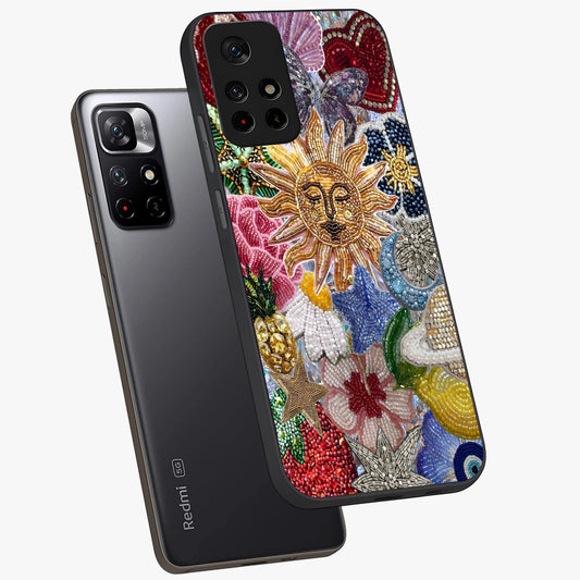 Celestial Floral and Playful Glass Case showing flat back view with floral and celestial themed artwork and glossy glass finish.
