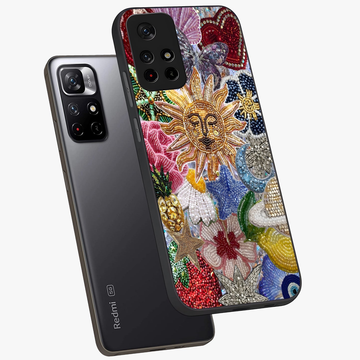 Celestial Floral and Playful Glass Case displayed in angled mockup highlighting playful floral design with dreamy celestial elements.