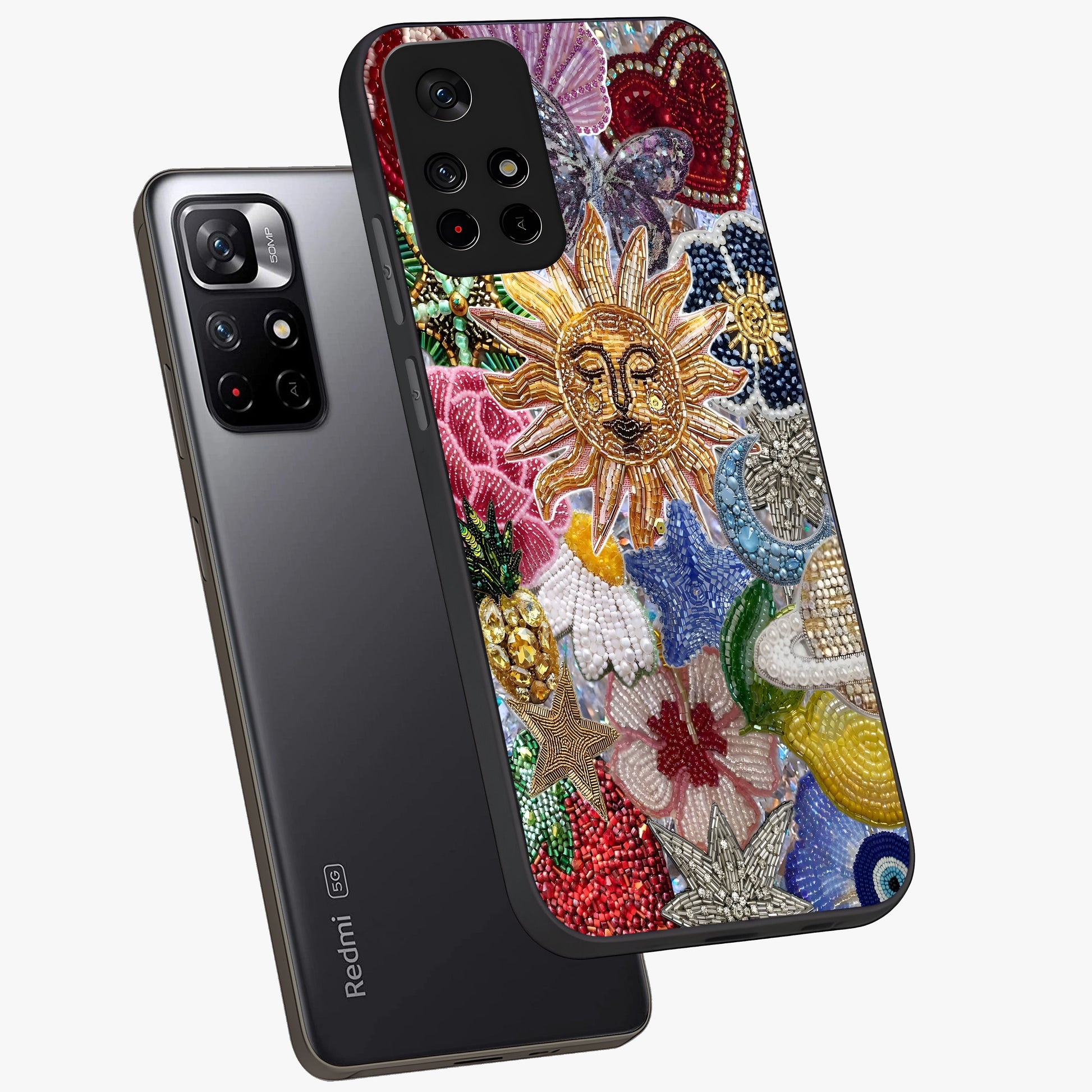 Celestial Floral and Playful Glass Case displayed in angled mockup highlighting playful floral design with dreamy celestial elements.
