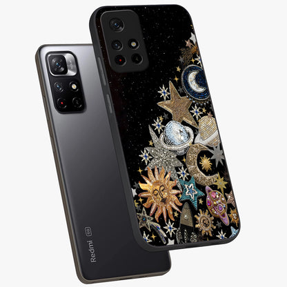 Cosmic Sparkle Dreams Glass Case showing flat back view with sparkling cosmic artwork and glossy glass finish.