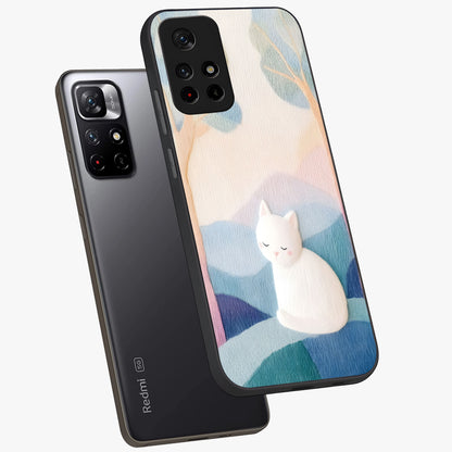 Cotton Dream Cat Glass Case displayed in angled mockup highlighting cute feline illustration with pastel aesthetic style.