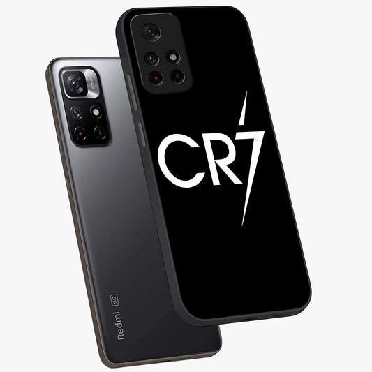 Cr7 Elite Strike Glass Case showing flat back view with dynamic football inspired artwork and glossy glass finish.