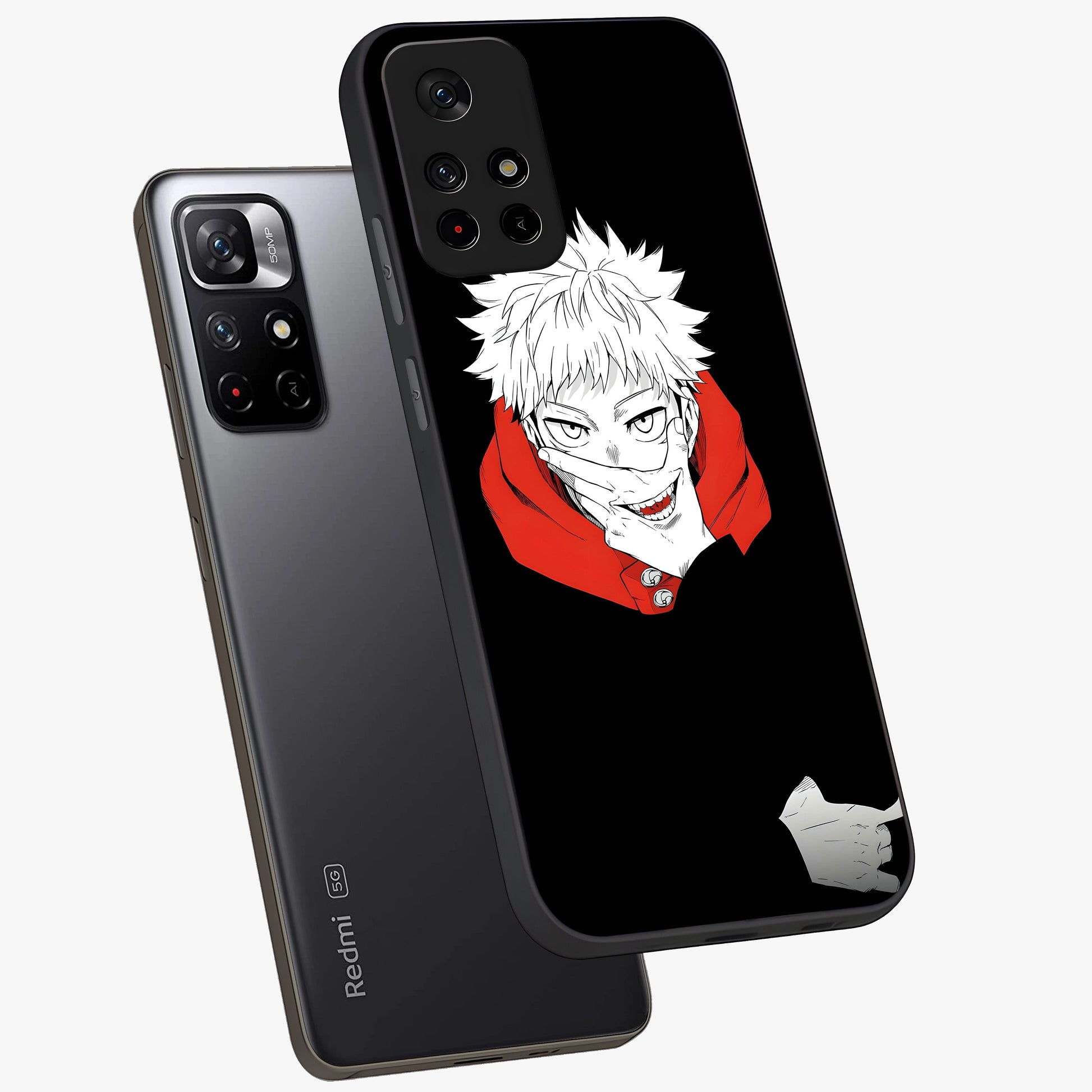 Crimson Chaos Smile Glass Case displayed in angled mockup highlighting edgy crimson smile design with graphic aesthetic.