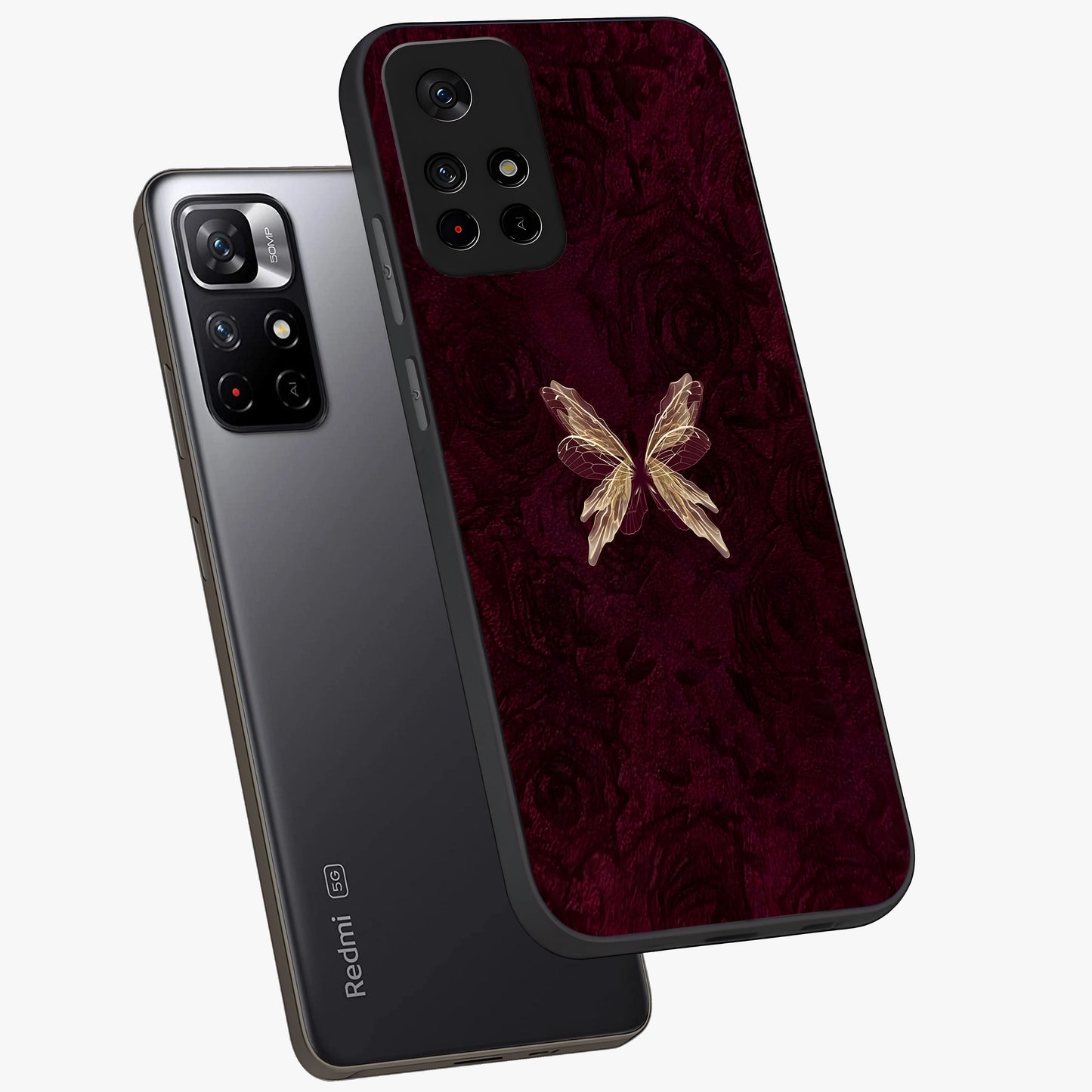 Crimson Fade Butterfly Glass Case displayed in angled mockup highlighting elegant butterfly design with crimson gradient aesthetic.