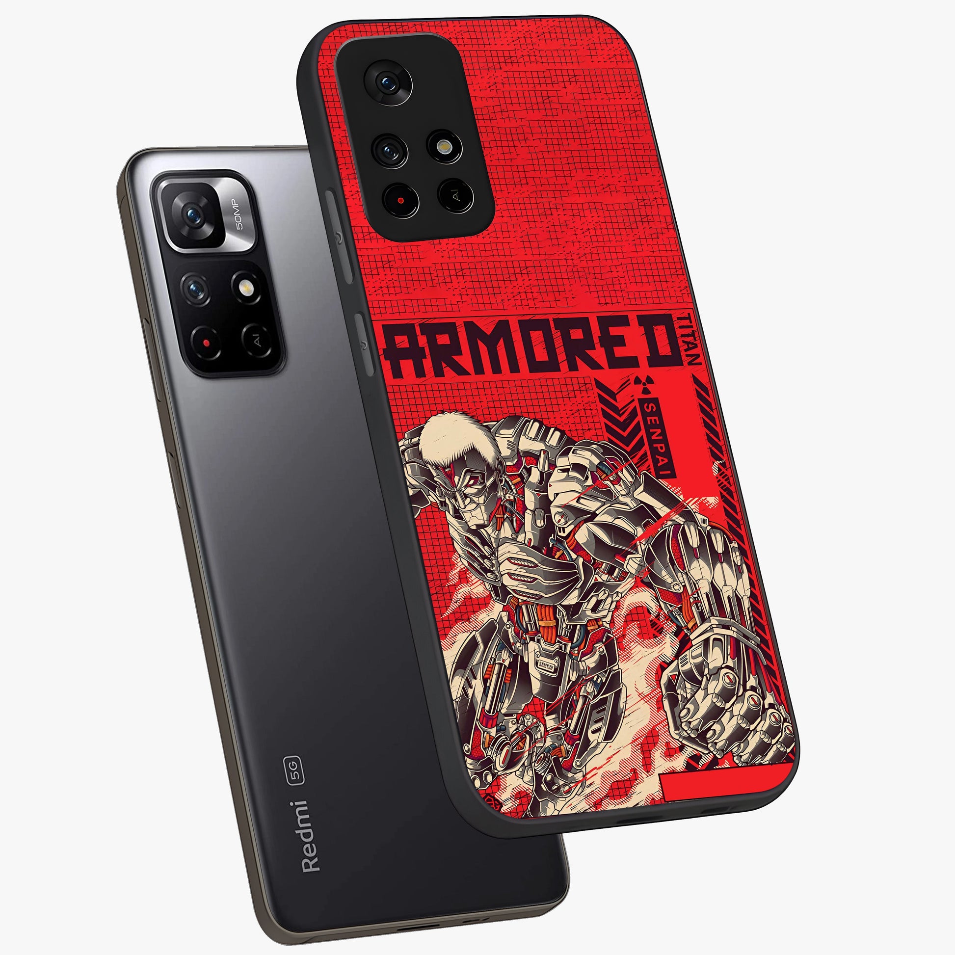 Crimson Mecha Titan Glass Case showing flat back view with powerful mech titan artwork and glossy glass finish.