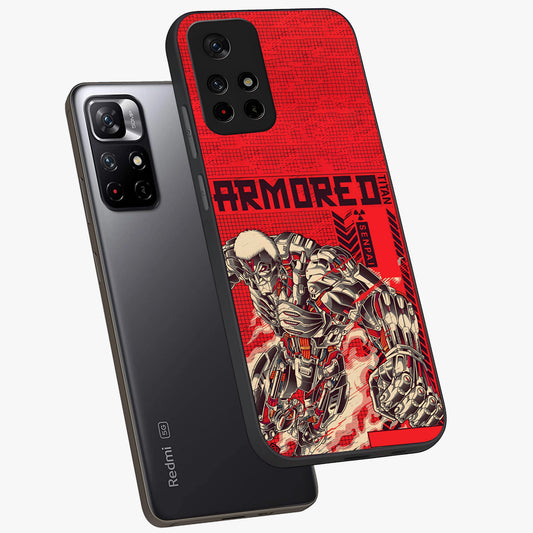 Crimson Mecha Titan Glass Case showing flat back view with powerful mech titan artwork and glossy glass finish.