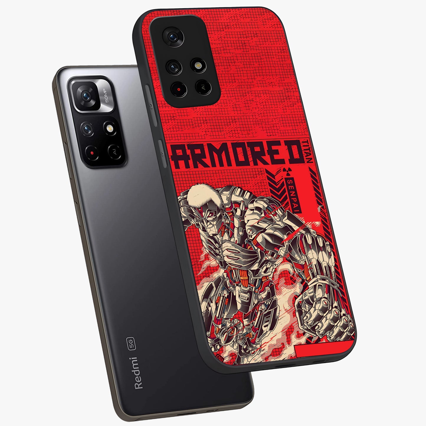Crimson Mecha Titan Glass Case displayed in angled mockup highlighting futuristic mech illustration with bold crimson aesthetic.