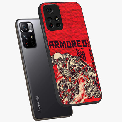 Crimson Mecha Titan Glass Case displayed in angled mockup highlighting futuristic mech illustration with bold crimson aesthetic.