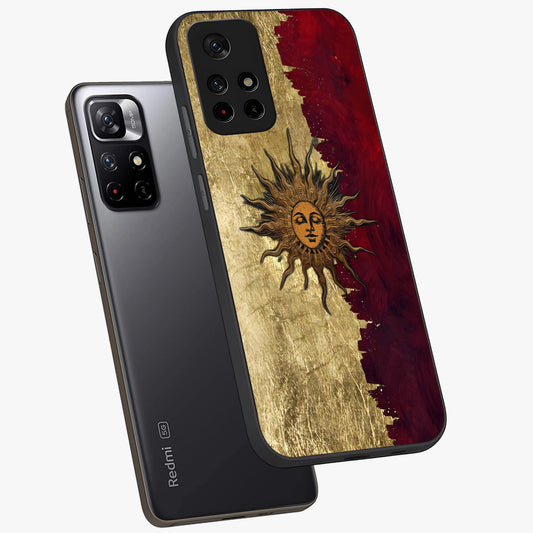 Crimson Sun Majesty Glass Case showing flat back view with radiant sun inspired artwork and glossy glass finish.