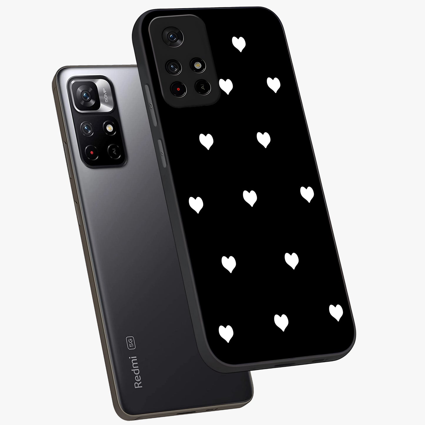 Cute And Simple White Hearts Glass Case displayed in angled mockup highlighting cute heart design with clean aesthetic style.