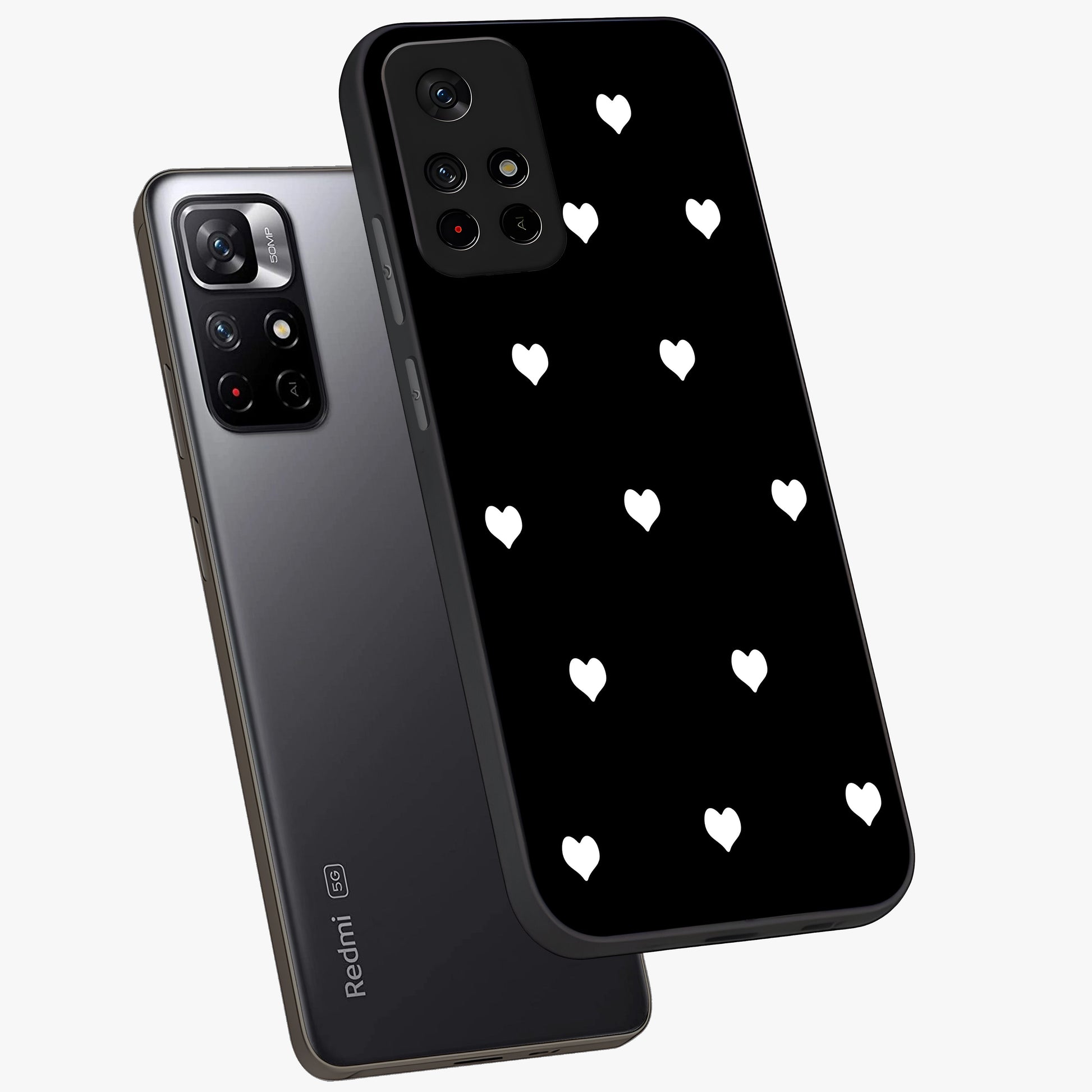 Cute And Simple White Hearts Glass Case displayed in angled mockup highlighting cute heart design with clean aesthetic style.